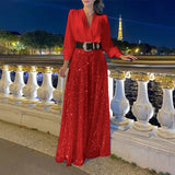 V-Neck Long Sleeved Shirt Elegant Waistband Sequin Wide Leg Jumpsuit