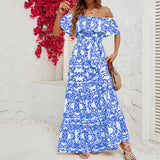 One Shoulder Short Sleeved Printed Ruffled Long Skirts