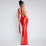 Solid Color Deep V-Neck Halter Neck Strapless Backpack Hip Long Skirt