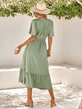 V-Neck Ruffle Sleeve Solid Color Long Dress