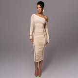 Sexy Mesh Spliced Slant Neck Off-Shoulder Slim Long Dress