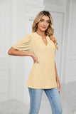 V-Neck Solid Color Hollow Puff Sleeve Loose T-Shirts