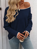 Round Neck Contrast Color Core-Spun Long Sleeve Sweater