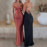 Sling Satin Backless Strappy Waist Long Dress