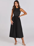 Round Neck Ribbed Sleeveless Dress With Pockets