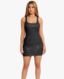 Deep V Neck Long Sleeve PU Leather Dress