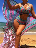 Three Piece Swimsuit + Bikini Cross Straps + High Waist Veil