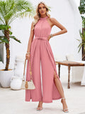 Solid Color Sleeveless Neck Tie Jumpsuits