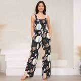 Suspender Printed Wide Leg Jumpsuit Pants