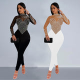 Mesh Rhinestone Long-Sleeved Trousers Jumpsuit