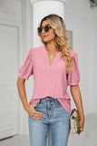 V-Neck Solid Color Hollow Puff Sleeve Loose T-Shirts