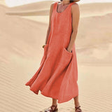 Sleeveless Round Neck Cotton And Linen Dress