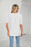 V-Neck Solid Color Hollow Puff Sleeve Loose T-Shirts