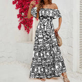 One Shoulder Short Sleeved Printed Ruffled Long Skirts