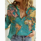 Map Depicting Printed Slim Fit Long Sleeved Button Up Shirt