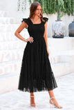 Mesh Stitching Pleated Flying Sleeve Vest Dress