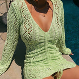 V-Neck Knitted Lace Long Sleeve Dress