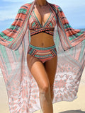 Three Piece Swimsuit + Bikini Cross Straps + High Waist Veil