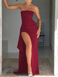 Straight Neck Strapless Backless High Slit Evening Dress