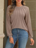 Lace Panel Round Neck Pleated Long Sleeve Top