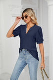 V-Neck Solid Color Hollow Puff Sleeve Loose T-Shirts