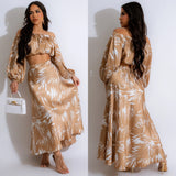 Printed Sexy Long-Sleeved Navel-Baring Long Dress Two-Piece Set