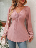 V-Neck Drawstring Waist Sexy Long Sleeve Solid Color T-Shirt