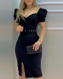 Puff Sleeve V-neck Belt Bodycon Dress