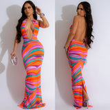 Printed Sleeveless Deep V Backless Maxi Dress