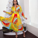 Plus Size Long Sleeve High Waisted Lapel Printed Full Skirt Dresses