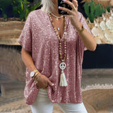 Short Sleeved Casual Loose Pullover Sequined V-Neck T-Shirt