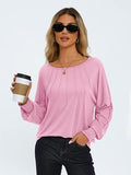 Round Neck Pleated Long Sleeve Casual T-Shirt