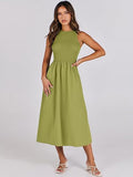 Round Neck Ribbed Sleeveless Dress With Pockets