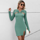 V-Neck Slit Hip-Wrapped Long Sleeved Sexy Dresses