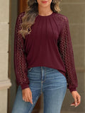 Lace Panel Round Neck Pleated Long Sleeve Top