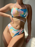 Printed Halterneck Three-Piece Bikini Sets