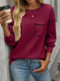 Solid Color Round Neck Pocket Casual Loose T-Shirt