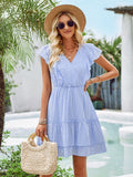 Short Sleeved Cross V-Neck Waist Cinched Mini Dress