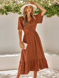 V-Neck Ruffle Sleeve Solid Color Long Dress