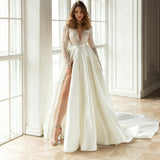 Long Hollow V-Neck White Evening Dresses