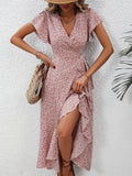 V Neck Floral Short Sleeve Asymmetric Hem Dress