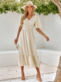 V-Neck Ruffle Sleeve Solid Color Long Dress