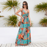 Summer V Neck Spaghetti Strap Backless Sleeveless Boho Floral Maxi Dresses