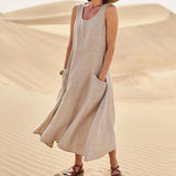 Sleeveless Round Neck Cotton And Linen Dress