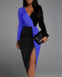Color Contrast Glitter Side Split Midi Dress