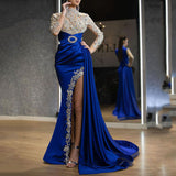 Blue Gold-Sprinkled Slit Half Turtleneck Evening Dresses