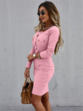 Round Neck Button Long Sleeve Tight Dress