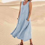 Sleeveless Round Neck Cotton And Linen Dress