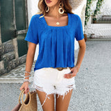 Square Neck Solid Color Short Sleeve T-Shirt Tops