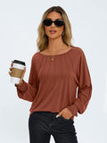 Round Neck Pleated Long Sleeve Casual T-Shirt